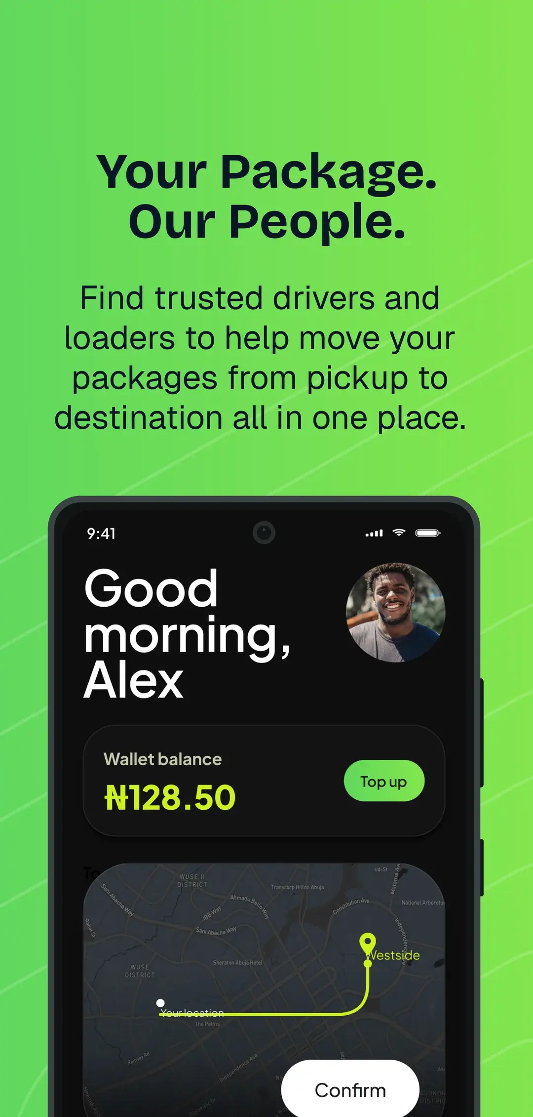 Patch app home screen with wallet balance and route map